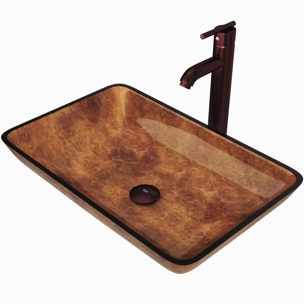 VIGO Rectangular Glass Vessel Bathroom Sink In Russet With Faucet Set In Oil Rubbed Bronze - Image 3
