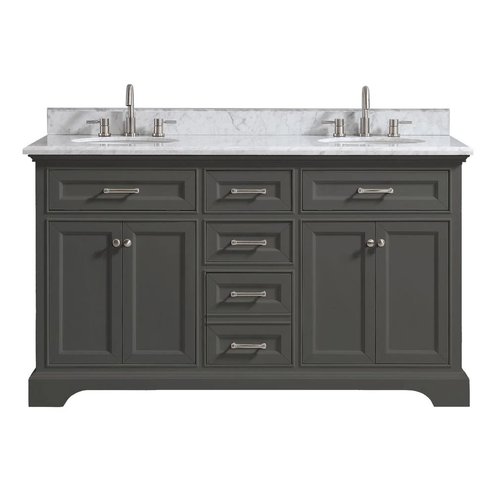 Windlowe 61 In. W X 22 In. D X 35 In. H Bath Vanity In White With Carrera Marble Vanity Top In White With White Sink - Image 10