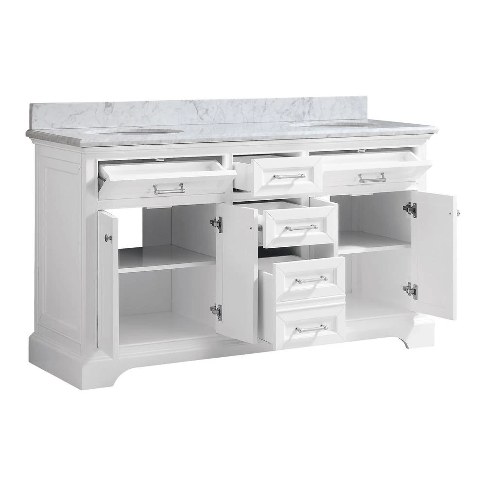 Windlowe 61 In. W X 22 In. D X 35 In. H Bath Vanity In White With Carrera Marble Vanity Top In White With White Sink - Image 4