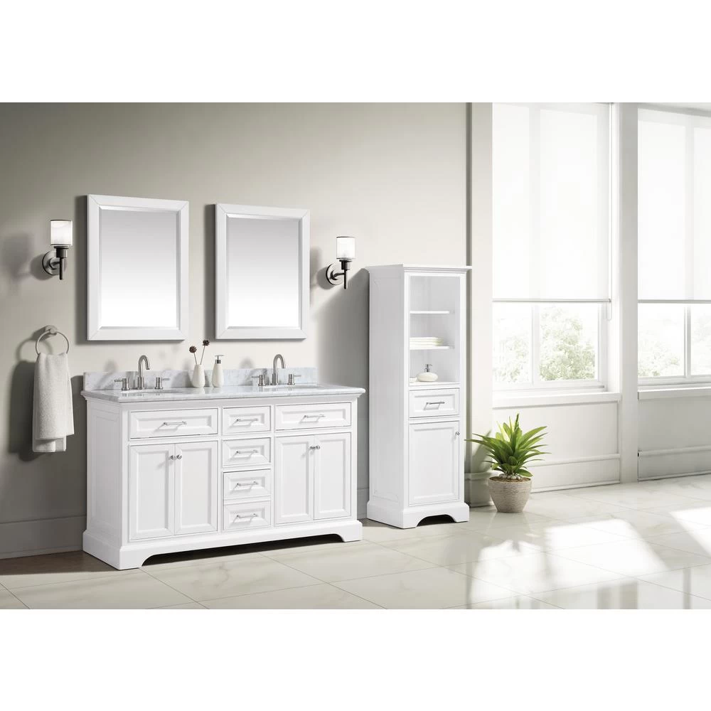 Windlowe 61 In. W X 22 In. D X 35 In. H Bath Vanity In White With Carrera Marble Vanity Top In White With White Sink - Image 2