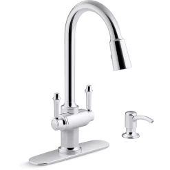 Thierry Two Handle Pull-Down Sprayer Kitchen Faucet With Soap Dispenser In Polished Chrome