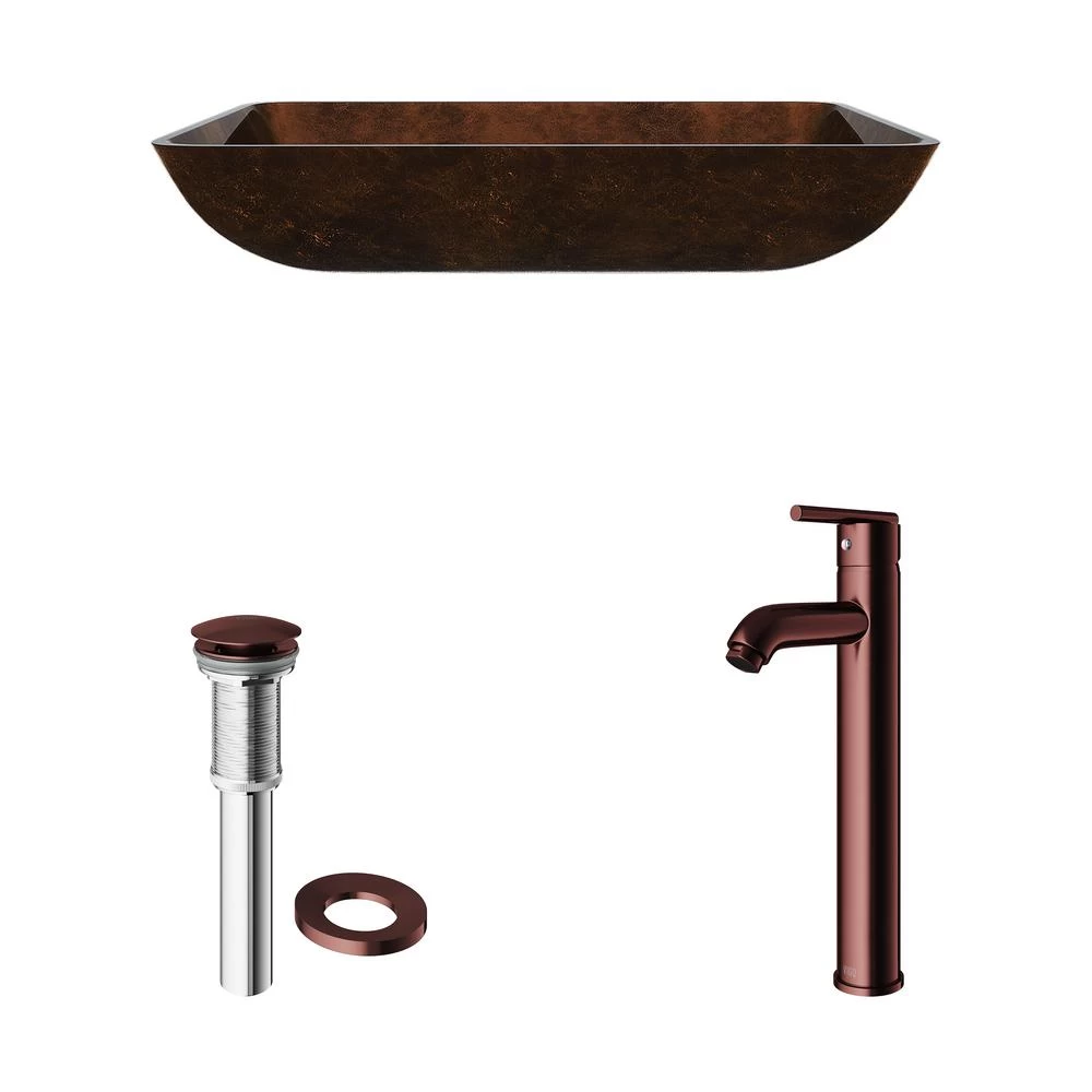 VIGO Rectangular Glass Vessel Bathroom Sink In Russet With Faucet Set In Oil Rubbed Bronze - Image 4