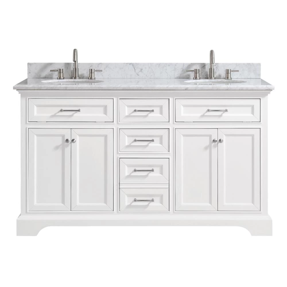 Windlowe 61 In. W X 22 In. D X 35 In. H Bath Vanity In White With Carrera Marble Vanity Top In White With White Sink