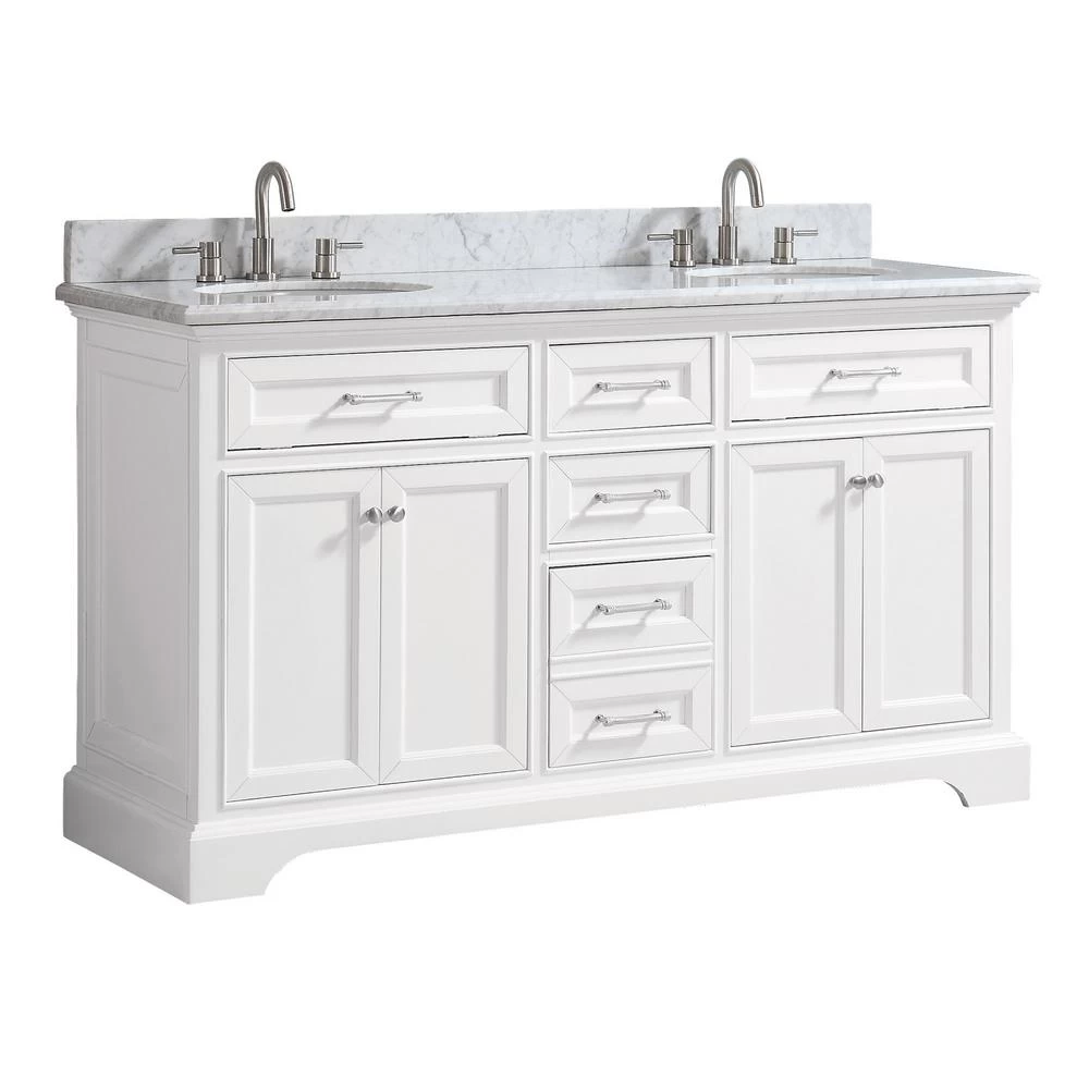 Windlowe 61 In. W X 22 In. D X 35 In. H Bath Vanity In White With Carrera Marble Vanity Top In White With White Sink - Image 3