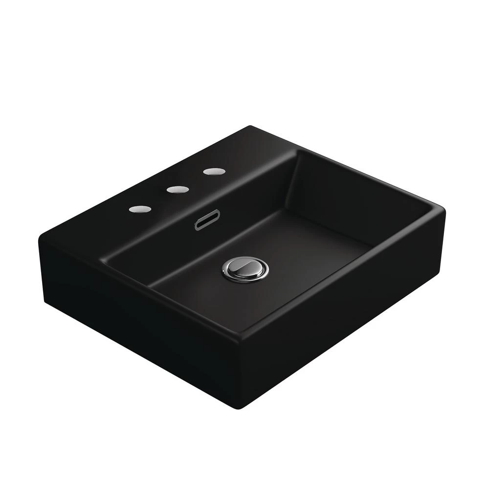 WS Bath Collections Quattro 50 BM Wall Mount / Vessel Bathroom Sink In Matte Black With 3 Faucet Holes